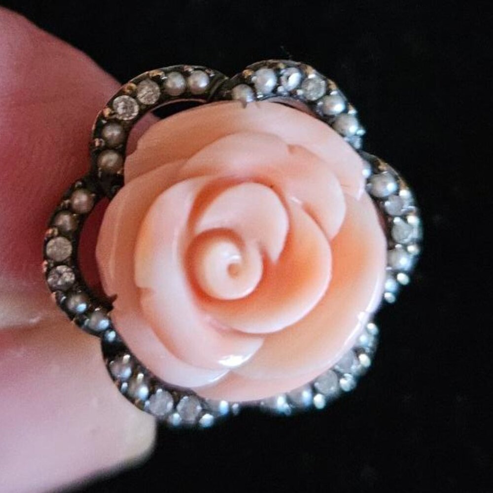 UNIQUE Vintage Large 1.00ct Sapphire Gold Pearl Carved Coral Rose Ring